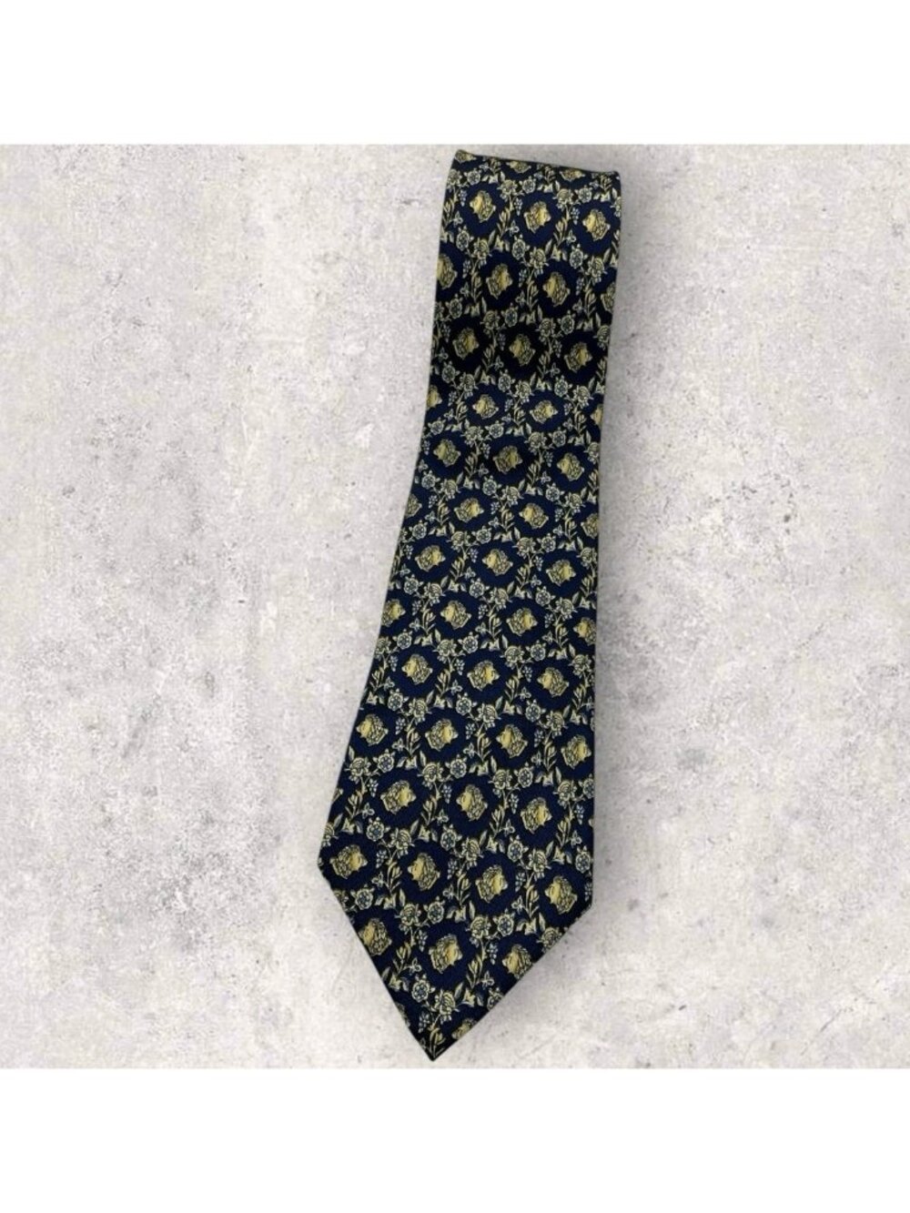 NINA RICCI VINTAGE Silk Tie FRANCE XL Navy Blue Beige Floral Lion Head W:3.5"EUC